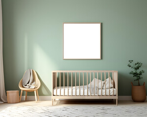 Square frame on the green wall. Mock up frame in kids room, nursery
