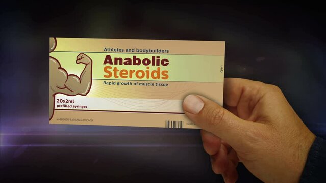Anabolic steroids tablets box in hand. Bodybuilding doping and athletic muscle pills pack abstract concept 3d.
