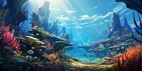 underwater landscape. Blue whale, fish schools and marine animals among the seaweed. background for game or wallpaper with turtle, stingray, puffer fish and squid on the seabed with ruins