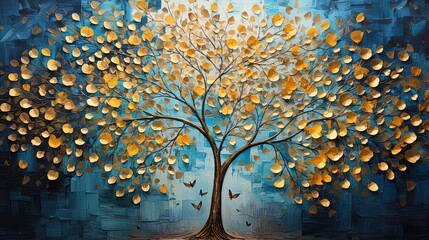 Multicolor abstract autumn tree painting . Colorful leaves forming a Tree of Life. Dark gold and aquamarine, eco, earthy color palettes, textured illustration

