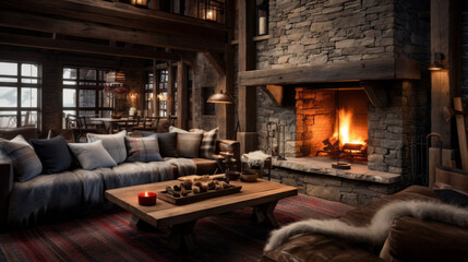 Obraz na płótnie Canvas Rustic Ski Lodge Lounge Reminiscent of a rustic ski lodge with wooden beams, stone fireplace, and cozy furnishings, including plaid upholstery