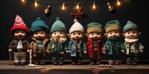 Fototapeta na wymiar Holiday Cheer: Christmas Elves' Attire and Dolls on Wooden Backdrop
