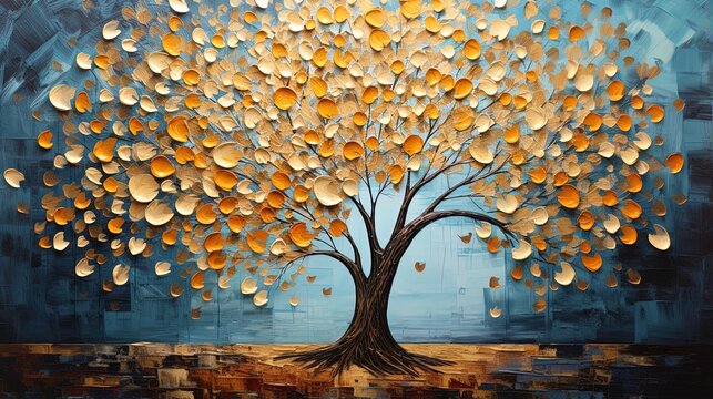Multicolor abstract autumn tree painting . Colorful leaves forming a Tree of Life. Dark gold and aquamarine, eco, earthy color palettes, textured illustration

