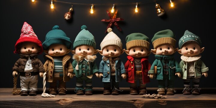 Holiday Cheer: Christmas Elves' Attire and Dolls on Wooden Backdrop