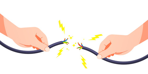 Hand holding broken electrical cable with electric spark.