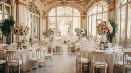 Fototapeta na wymiar Decorated wedding banquet hall in classic style. Restaurant interior for banquet, wedding decor. : Generative AI