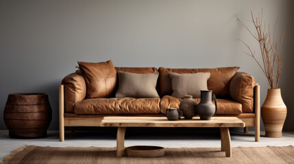 Scandinavian Artisanal Lounge Handcrafted wooden furniture, woven textiles, and artisan pottery...