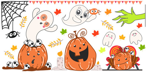 Happy Pumpkin and cute ghost Halloween theme cartoon cute scary vector isolated set 