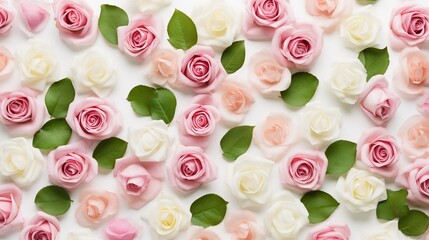 Floral pattern made of pink and beige roses, green leaves, branches on white background. Flat lay, top view. Valentine's background. Floral pattern. Pattern of flowers. Flowers pattern : Generative AI