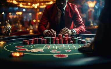 Poker player with playing cards and chips at a casino table in casino. Generative AI