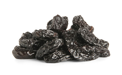 Heap of tasty dried plums on white background