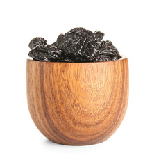 Wooden bowl with tasty dried plums on white background