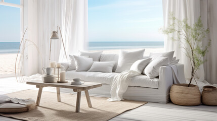 Scandinavian Beach House Lounge Embracing coastal living with a white sofa, light wood furniture, and beach-inspired decor, creating a relaxed seaside vibe
