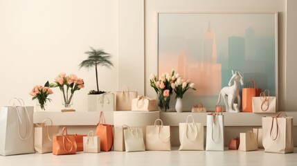 minimalistic setup with fashionable figurines and beautifully wrapped gifts, all set against a clean white canvas.