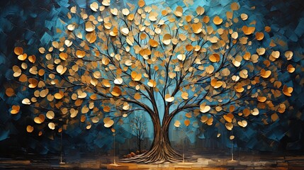Colorful leaves forming a Tree of Life. Yellow Tree blue abstract background, Dark gold and aquamarine, eco, earthy color palettes, textured illustration.
