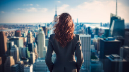 Fototapeta na wymiar Business woman looking out over a cityscape with skyscrapers. Could be a financial district. Concept of women in business and finance, and success. Shallow field of view.
