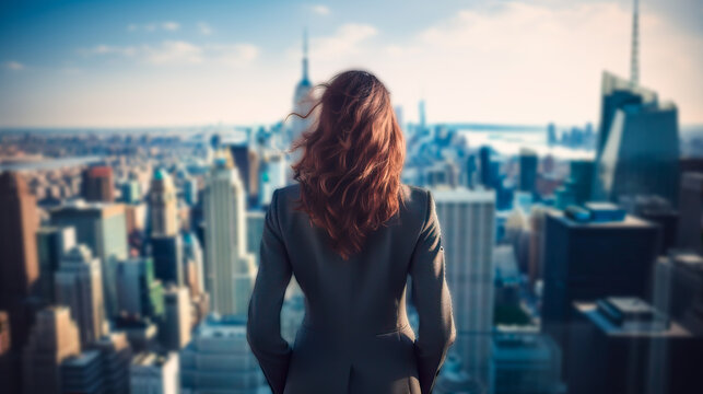 Business woman looking out over a cityscape with skyscrapers. Could be a financial district. Concept of women in business and finance, and success. Shallow field of view.