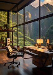 Illustration of luxury home office in the mountain. Large space, comfortable chair, modern computer on table in home office interior. Environmental  workplace. Generative AI