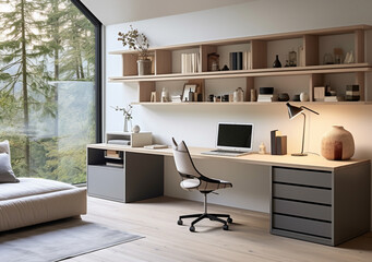 Illustration of home office. Comfortable chair, modern computer on table in home office interior. Stylish workplace. Generative AI - obrazy, fototapety, plakaty