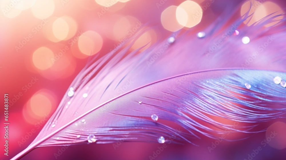 Leinwandbilder Feather pink bird with sparkles and transparent drop of dew water sparkles in the rays of bright light close-up macro. Glamorous sophisticated airy artistic image on a soft blurred bac : Generative AI