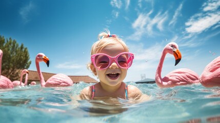 Funny blonde toddler girl swimming in the pool with pink flamingos and swim ring with water splash in the summer : Generative AI