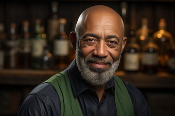 Fototapeta premium Close-up portrait of bald and bearded african american senior man in log cabin : Generative AI