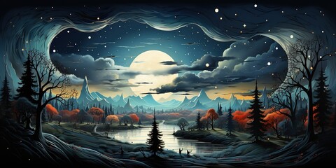 Starry night sky with moon, forest with trees in the background, big moon, space landscape