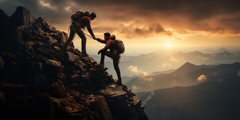 Teamwork concept with man helping friend reach the mountain top