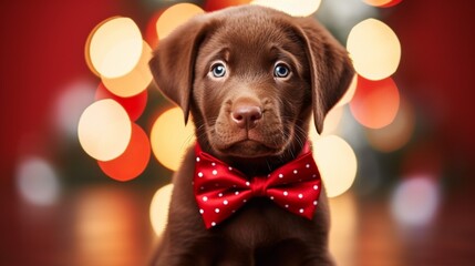 Portrait of young brown Labrador retriever puppy in red tie posing against Christmas background. :...