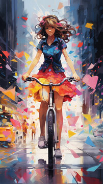 girl on a bike hand-drawn illustration with paints, generative ai, postcard