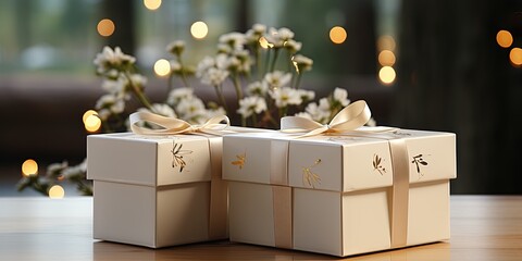 White folding gift box. Closed gift box. Flowers near the box
