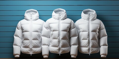 Mockup of a white down jacket on a minimalistic background, blue background