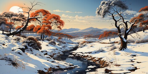 Winter landscape with snow and trees, winter river between trees