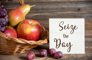 Fall Decoration with Fruits and Text Seize The Day