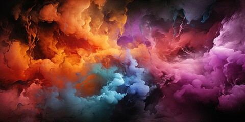 Dark and colorful stormy sky with clouds ranging from yellow and orange to red, purple, violet, and blue. The scene is set during a hurricane, complete with thunderstorms, rain, and strong winds. - obrazy, fototapety, plakaty