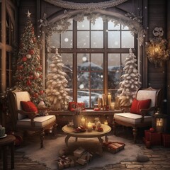 Fototapeta na wymiar christmas tree with fireplace snowman and christmas tree AI generate