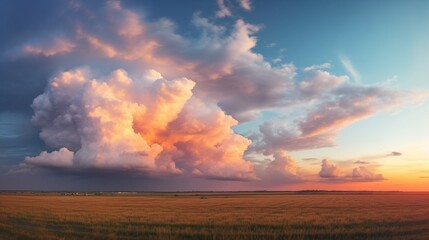 Sunset and big sky with cloud over fields of farmland : Generative AI