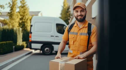 delivery man loading cardboard boxes in the truck. High quality photo : Generative AI