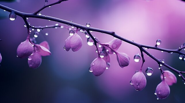 rain drops on a branch. shallow depth of field. violet background : Generative AI