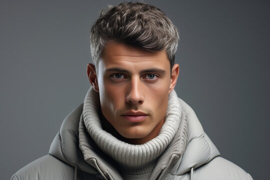 Isolated shot of young handsome male with beard, mustache and trendy hairdo, wears casual grey sweater, has serious expression as listens to interlocutor, poses in studio against white : Generative AI