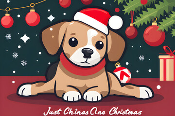 A puppy wearing Christmas hat winter background. Generative AI