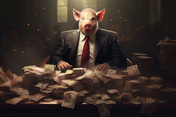 Fat pig like a corrupt official counts cash. Stacks of money on the table. Getting a bribe concept. Generative AI - 651485646