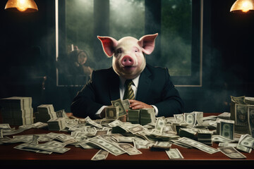 Greed pig like a corrupt official counts cash. Stacks of money on the table. Getting a bribe concept. Generative AI - 651485660