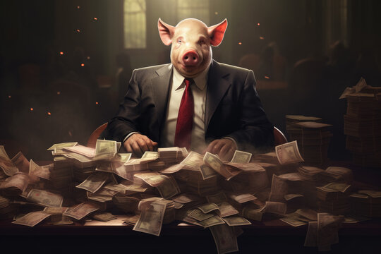 Fat pig like a corrupt official counts cash. Stacks of money on the table. Getting a bribe concept. Generative AI