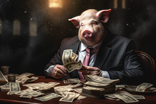 Fat pig like a corrupt official counts money. Stacks of cash on the table. Getting a bribe concept. Generative AI