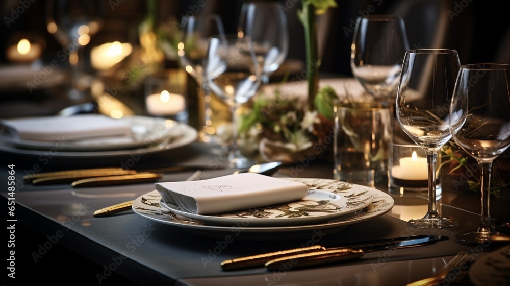Poster luxury elegant table setting dinner in a restaurant : generative ai