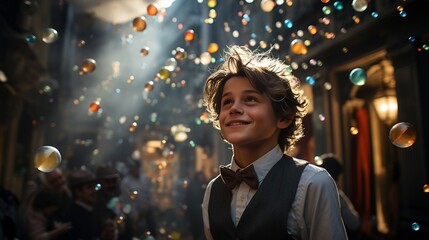 Boy blowing confetti wearing birthday party hat : Generative AI