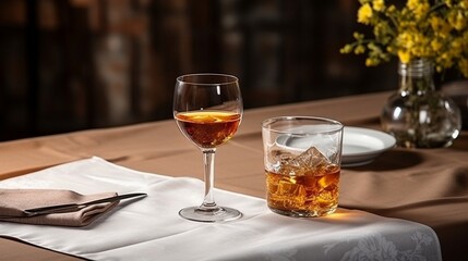 Dining tablecloth with food and glasses in the restaurant. Copy space. : Generative AI