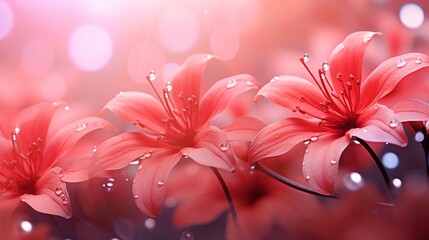Flowers and water drops. Romantic summer floral red light color background. Beautiful blooming spring flower, dew, rain water drops 3D macro background. Nature soft focus bokeh flowers : Generative AI - Powered by Adobe