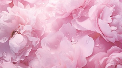 Light gentle pink background from peony petals. Peony flower in dew drops close up. Peony in drops of water, close-up. Background with flowers. : Generative AI